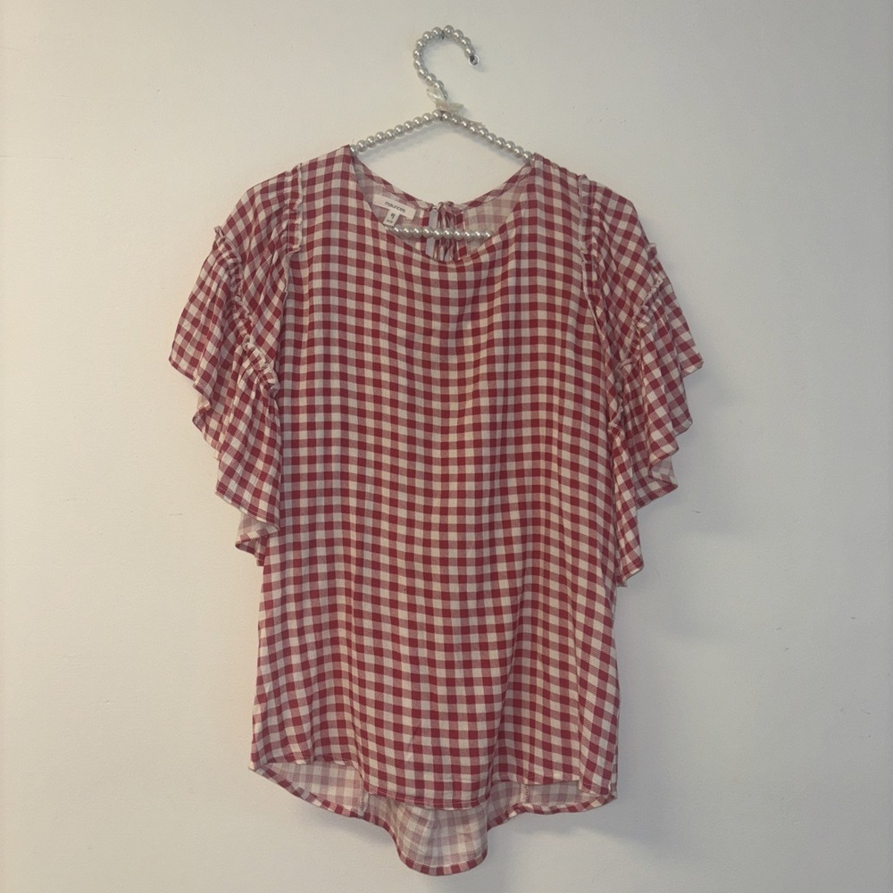 Maurices Red Gingham Ruffle Sleeve Blouse Size XS Plaid Keyhole Back Rayon Top